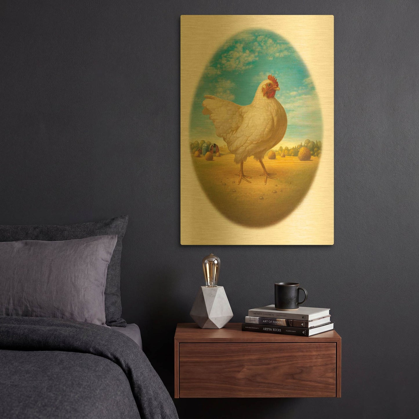 'Smaller Promo Chicken-Egg' By Dan Craig Gold Metal Wall Art
