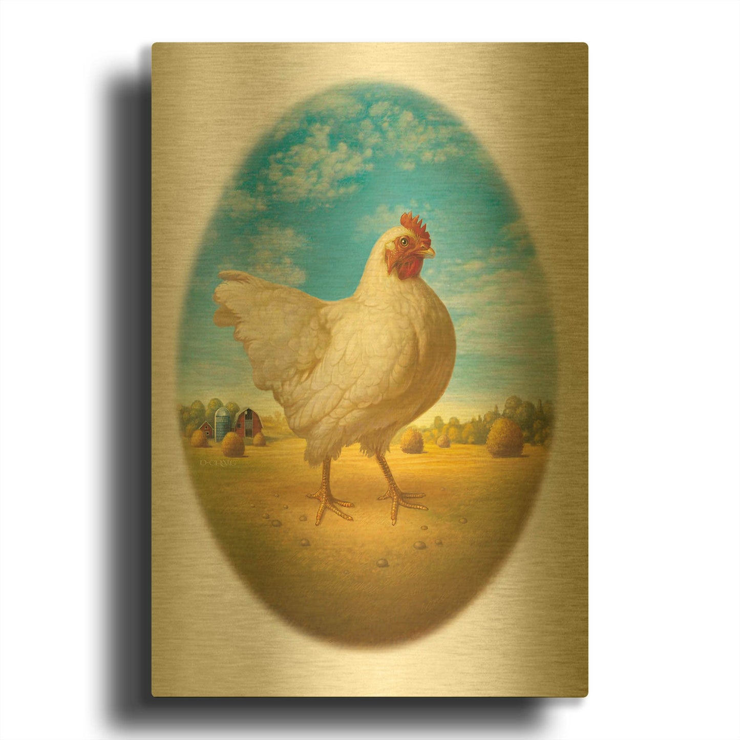 'Smaller Promo Chicken-Egg' By Dan Craig Gold Metal Wall Art