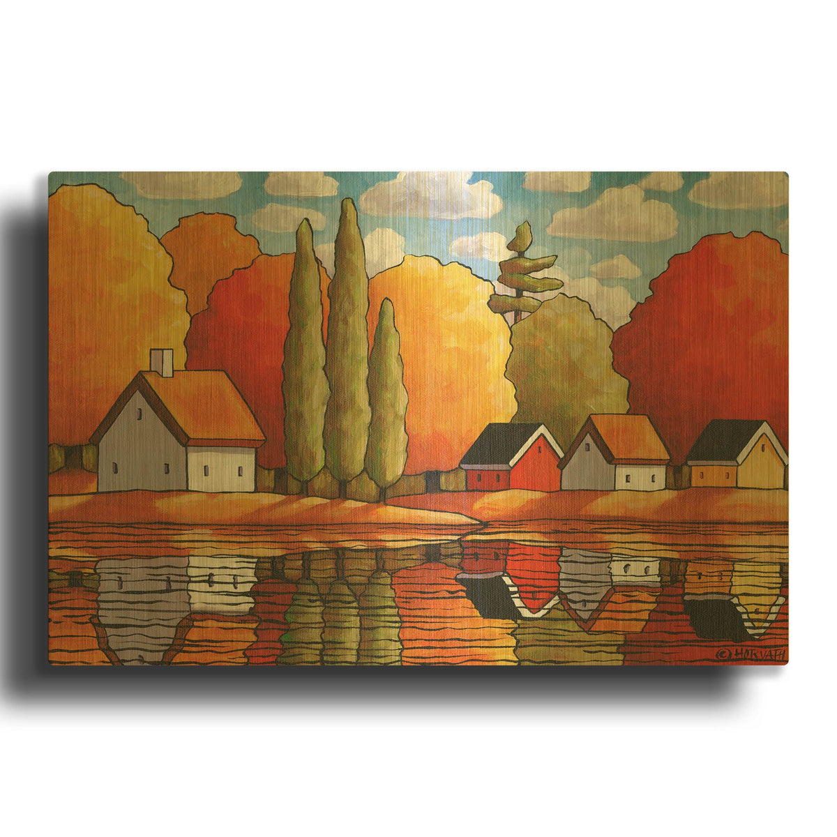 'Fall Water Cabin Reflections' By Cathy Horvath Gold Metal Wall Art