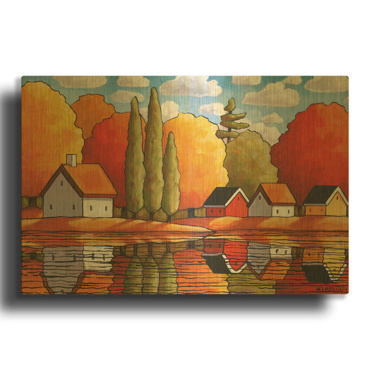 'Fall Water Cabin Reflections' By Cathy Horvath Gold Metal Wall Art