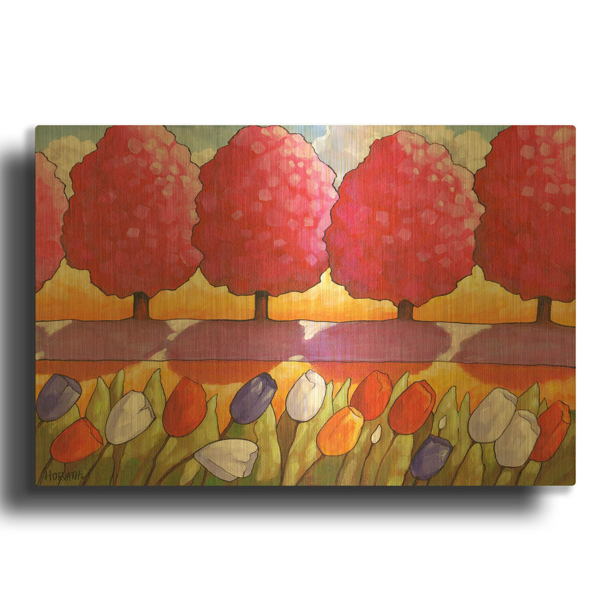 'Pink Trees Path & Tulips' By Cathy Horvath Gold Metal Wall Art