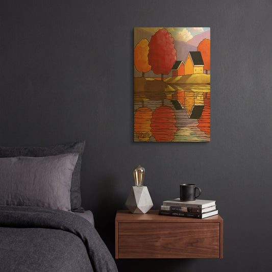 'Purple Mountains Colorful Trees & Cottages' By Cathy Horvath Gold Metal Wall Art