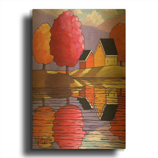 'Purple Mountains Colorful Trees & Cottages' By Cathy Horvath Gold Metal Wall Art