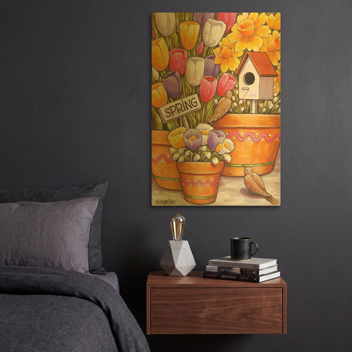 'Spring Birds Flowers' By Cathy Horvath Gold Metal Wall Art