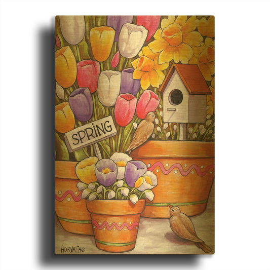 'Spring Birds Flowers' By Cathy Horvath Gold Metal Wall Art