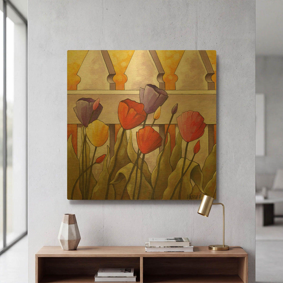 'Flower Fence 2' By Cathy Horvath Gold Metal Wall Art