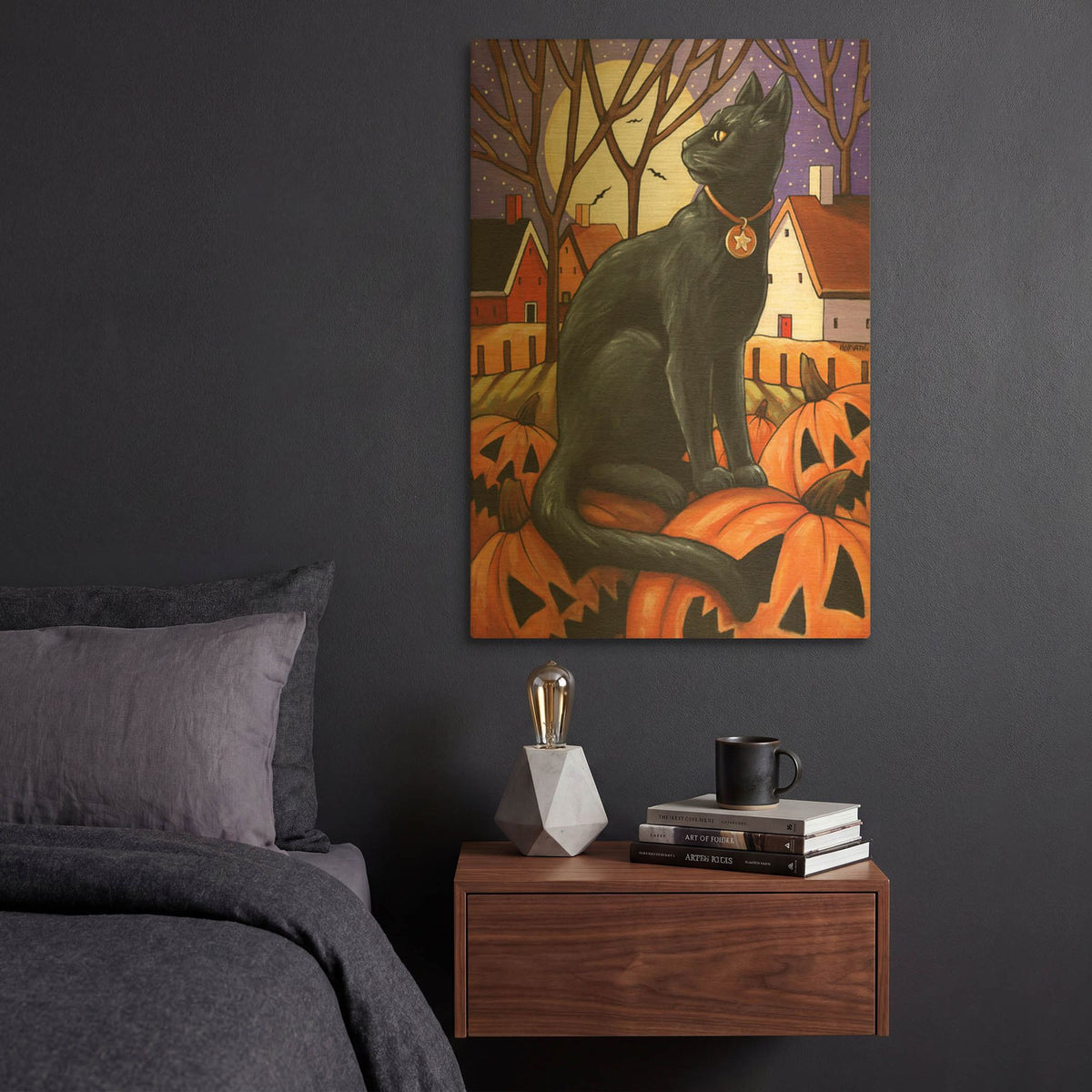 'Moon Cat & Pumpkins' By Cathy Horvath Gold Metal Wall Art