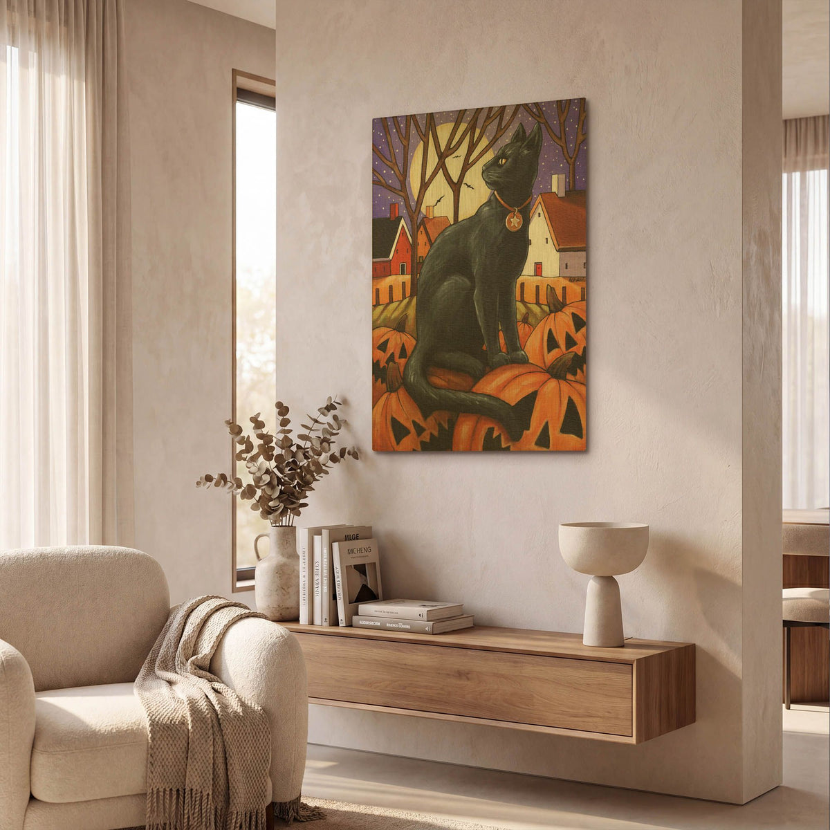 'Moon Cat & Pumpkins' By Cathy Horvath Gold Metal Wall Art