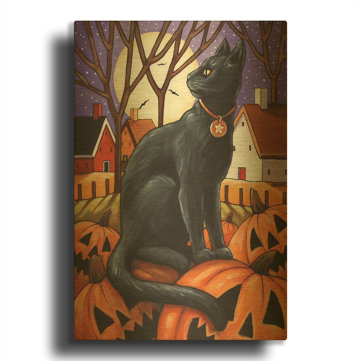 'Moon Cat & Pumpkins' By Cathy Horvath Gold Metal Wall Art