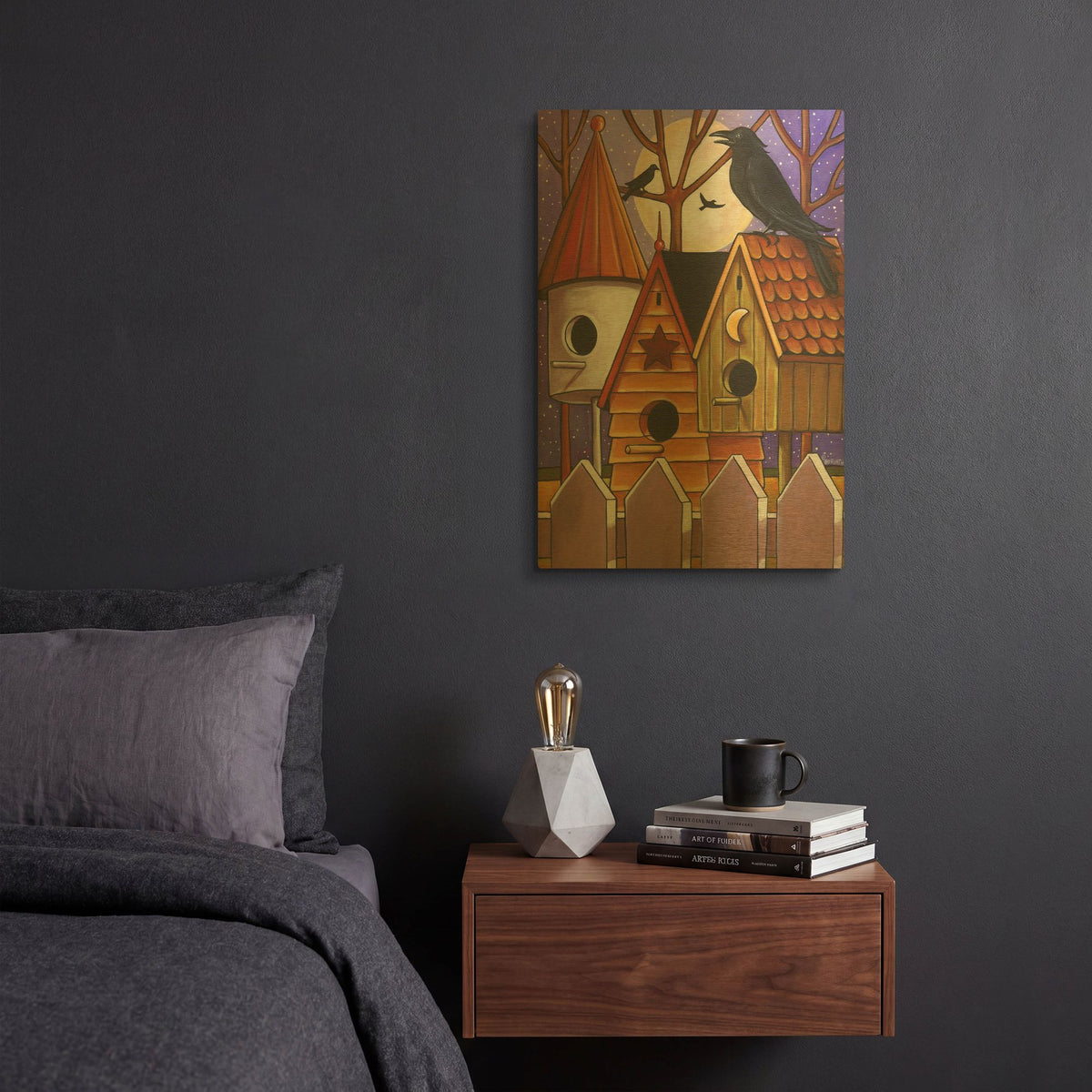 'Moon Crows Houses' By Cathy Horvath Gold Metal Wall Art