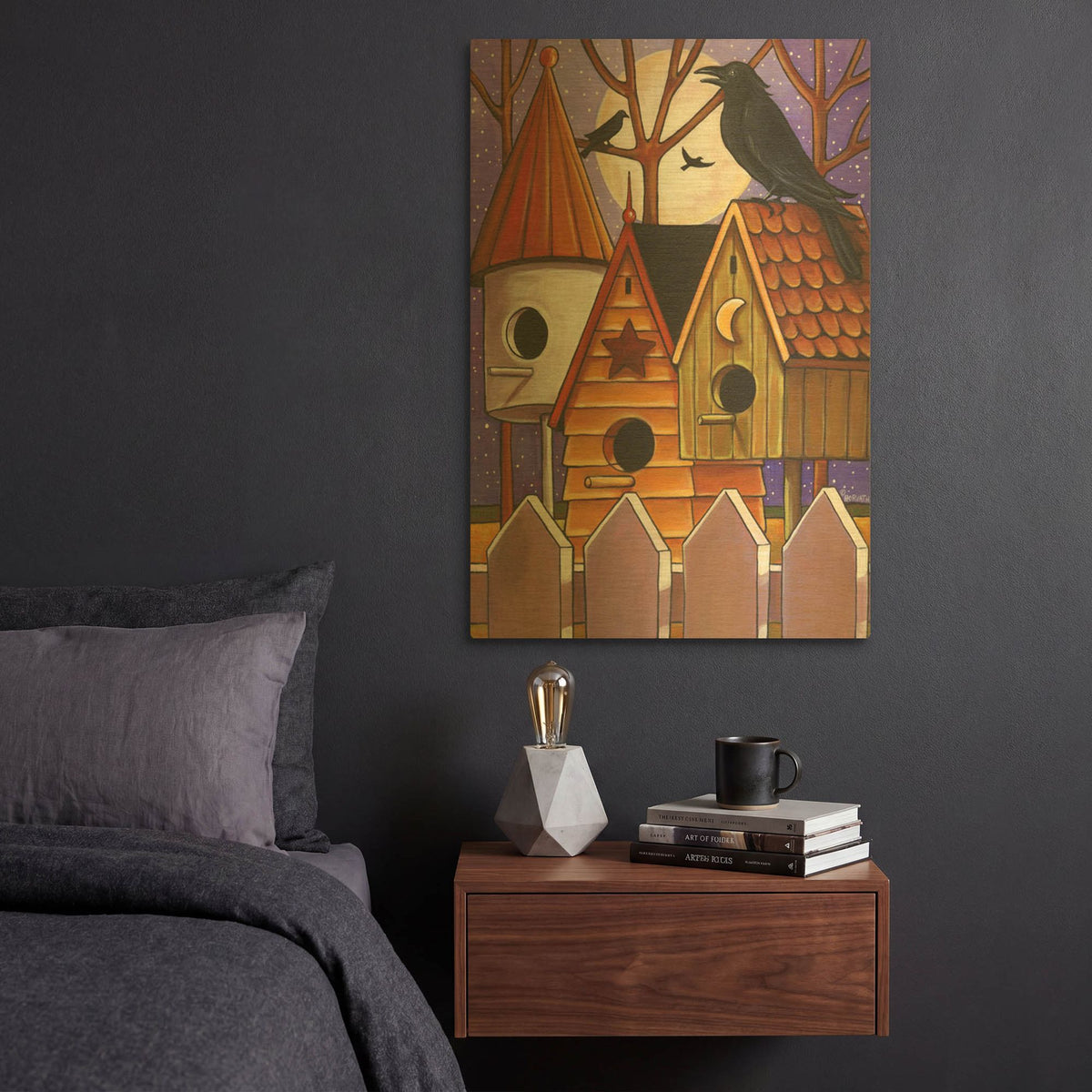 'Moon Crows Houses' By Cathy Horvath Gold Metal Wall Art