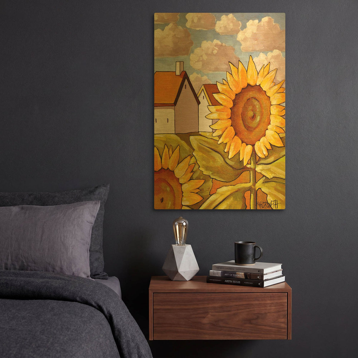 'Sunflower & Cottages Scenic View' By Cathy Horvath Gold Metal Wall Art