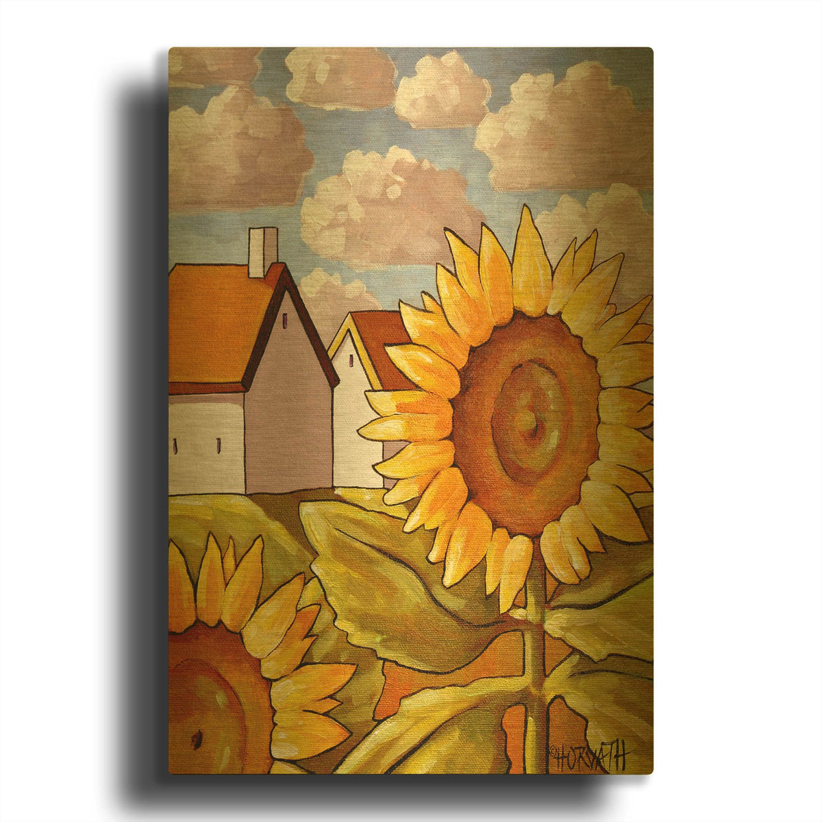 'Sunflower & Cottages Scenic View' By Cathy Horvath Gold Metal Wall Art