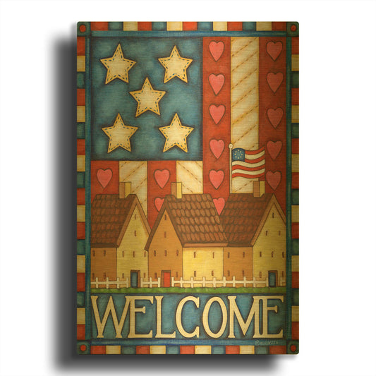 'American Welcome Cottage' By Cathy Horvath Gold Metal Wall Art