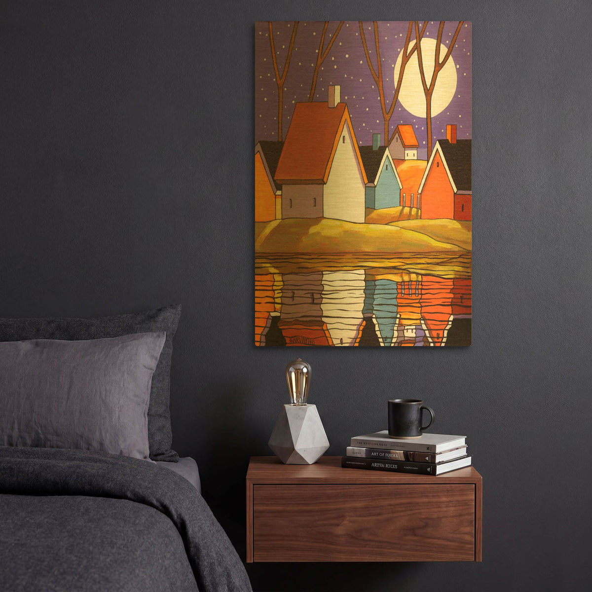 'Purple Sky and Stars Cottages' By Cathy Horvath Gold Metal Wall Art