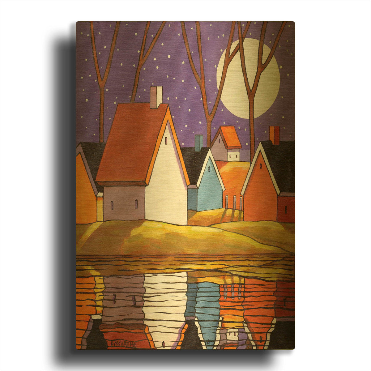 'Purple Sky and Stars Cottages' By Cathy Horvath Gold Metal Wall Art
