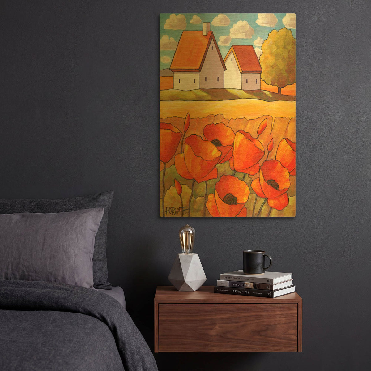 'Red Flower Fields Landscape' By Cathy Horvath Gold Metal Wall Art