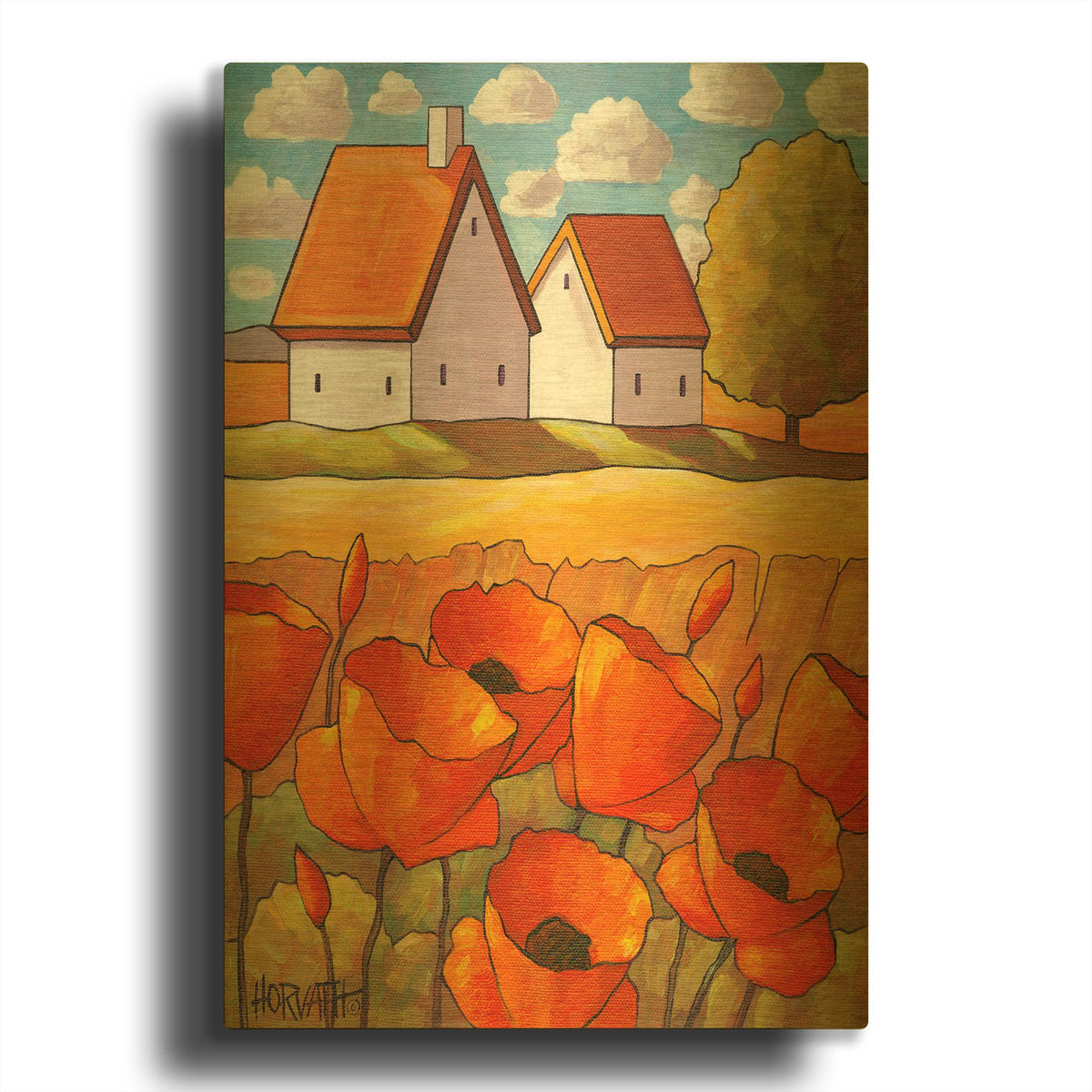 'Red Flower Fields Landscape' By Cathy Horvath Gold Metal Wall Art