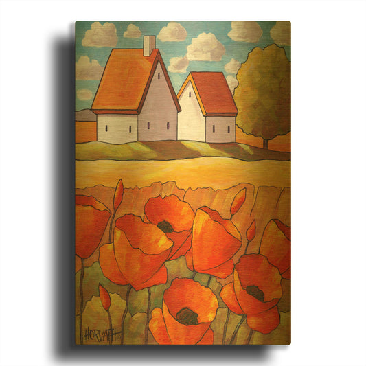 'Red Flower Fields Landscape' By Cathy Horvath Gold Metal Wall Art