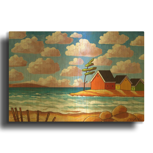 'Waves and Colorful Cabins Beach' By Cathy Horvath Gold Metal Wall Art