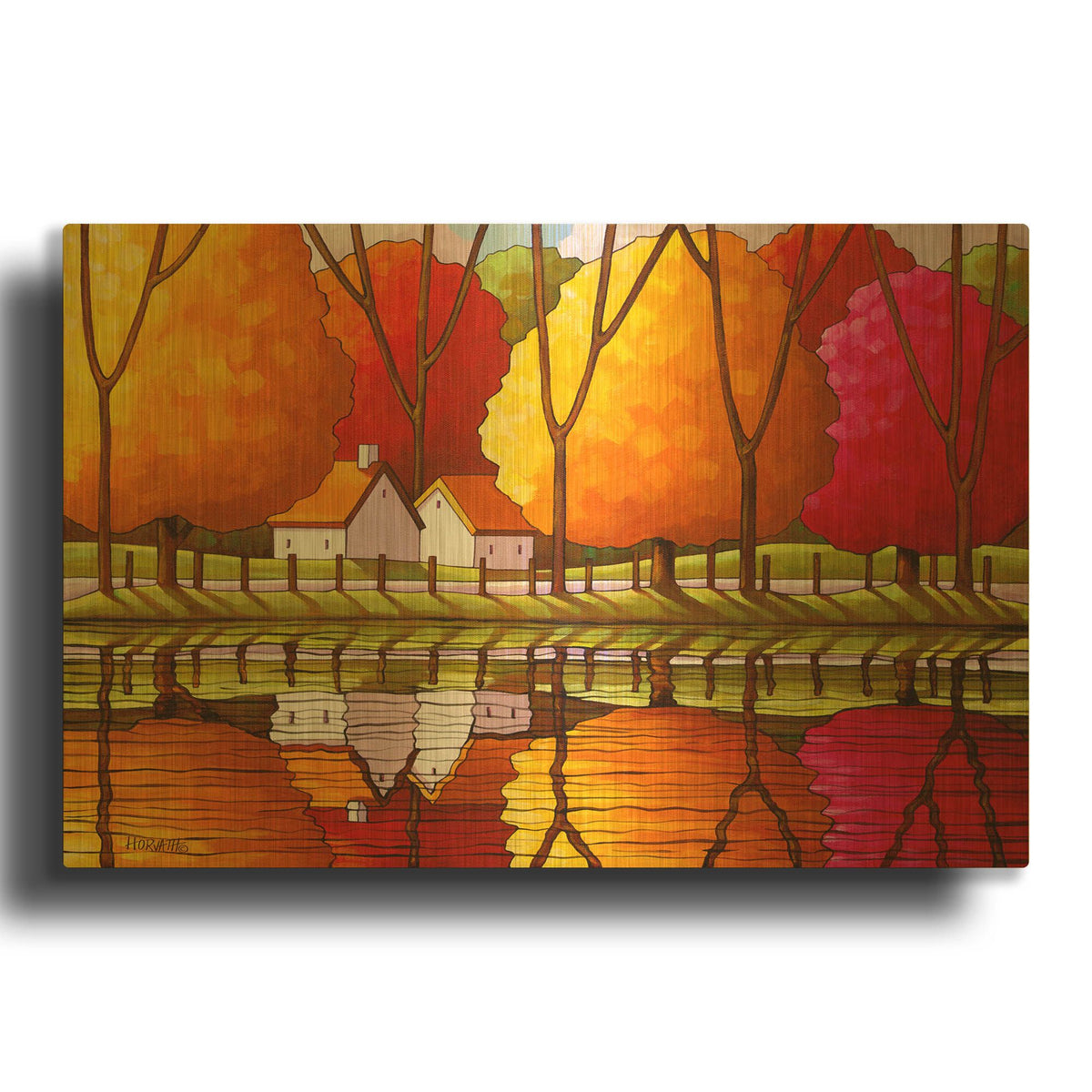 'Roadway Fall Reflection' By Cathy Horvath Gold Metal Wall Art