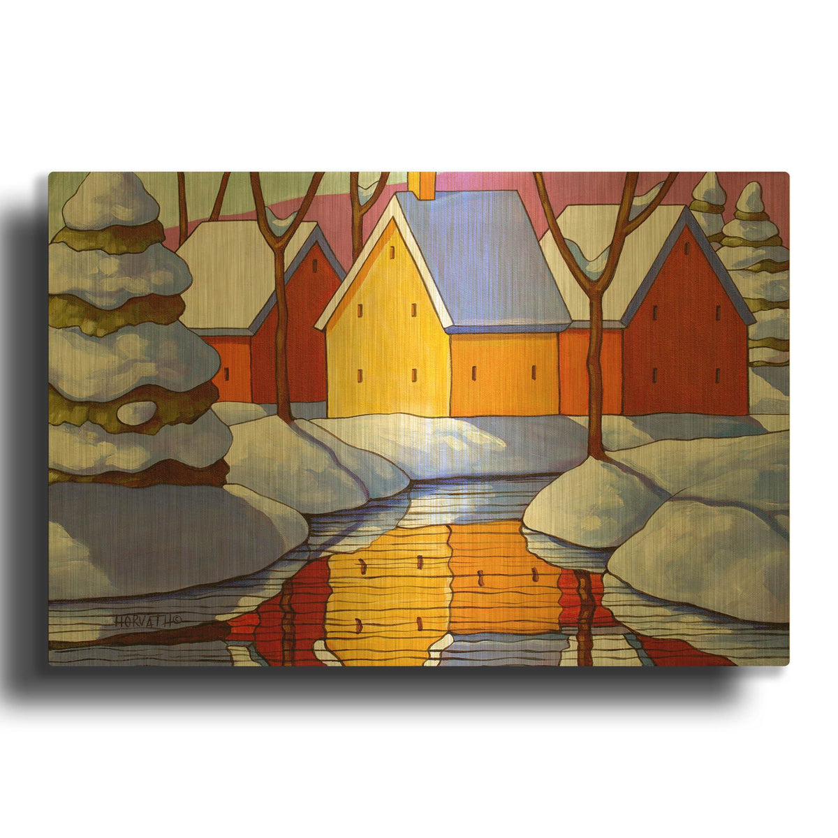 'Snowy Stream View' By Cathy Horvath Gold Metal Wall Art