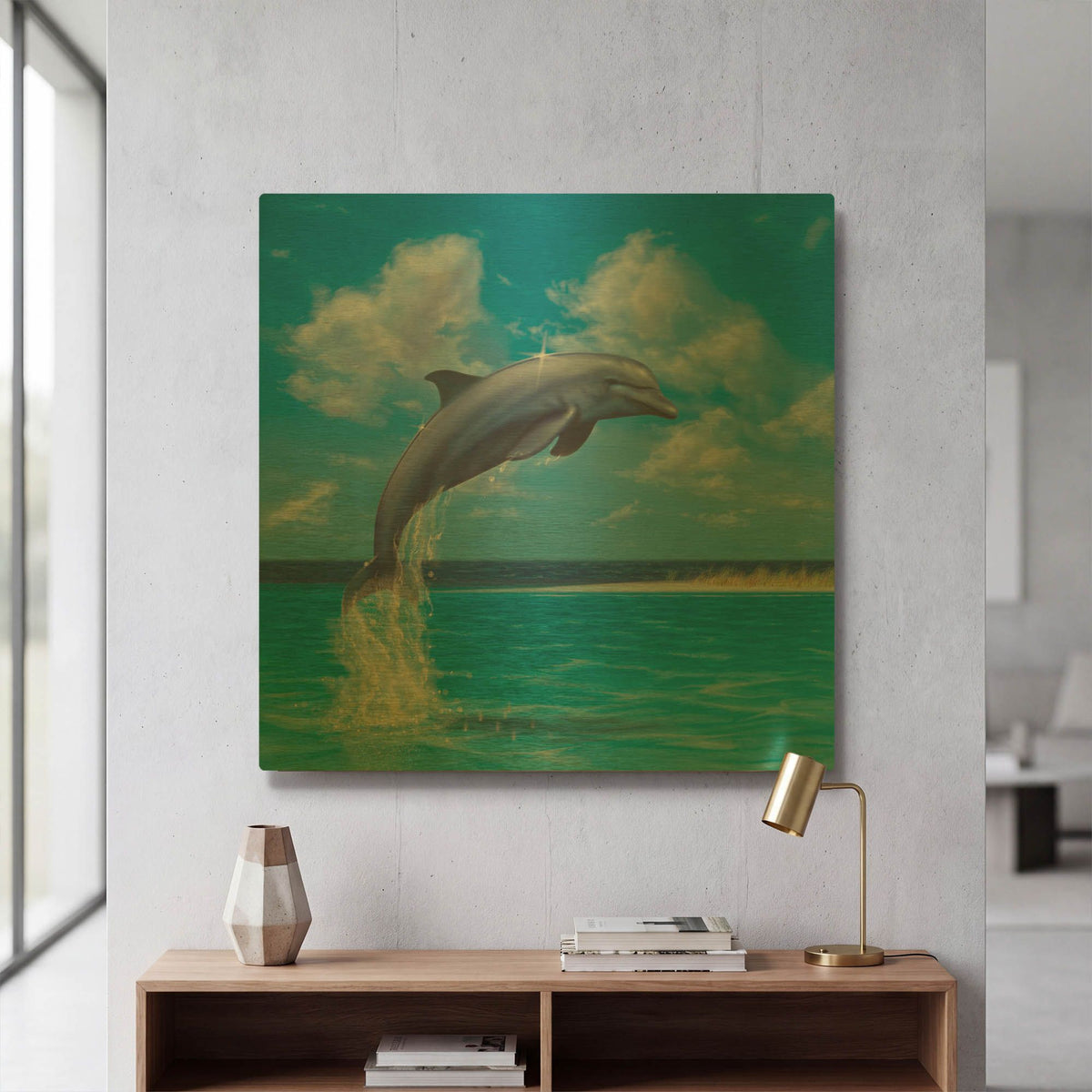 'Blue Water Dolphin' By Chris Dobrowolski Gold Metal Wall Art