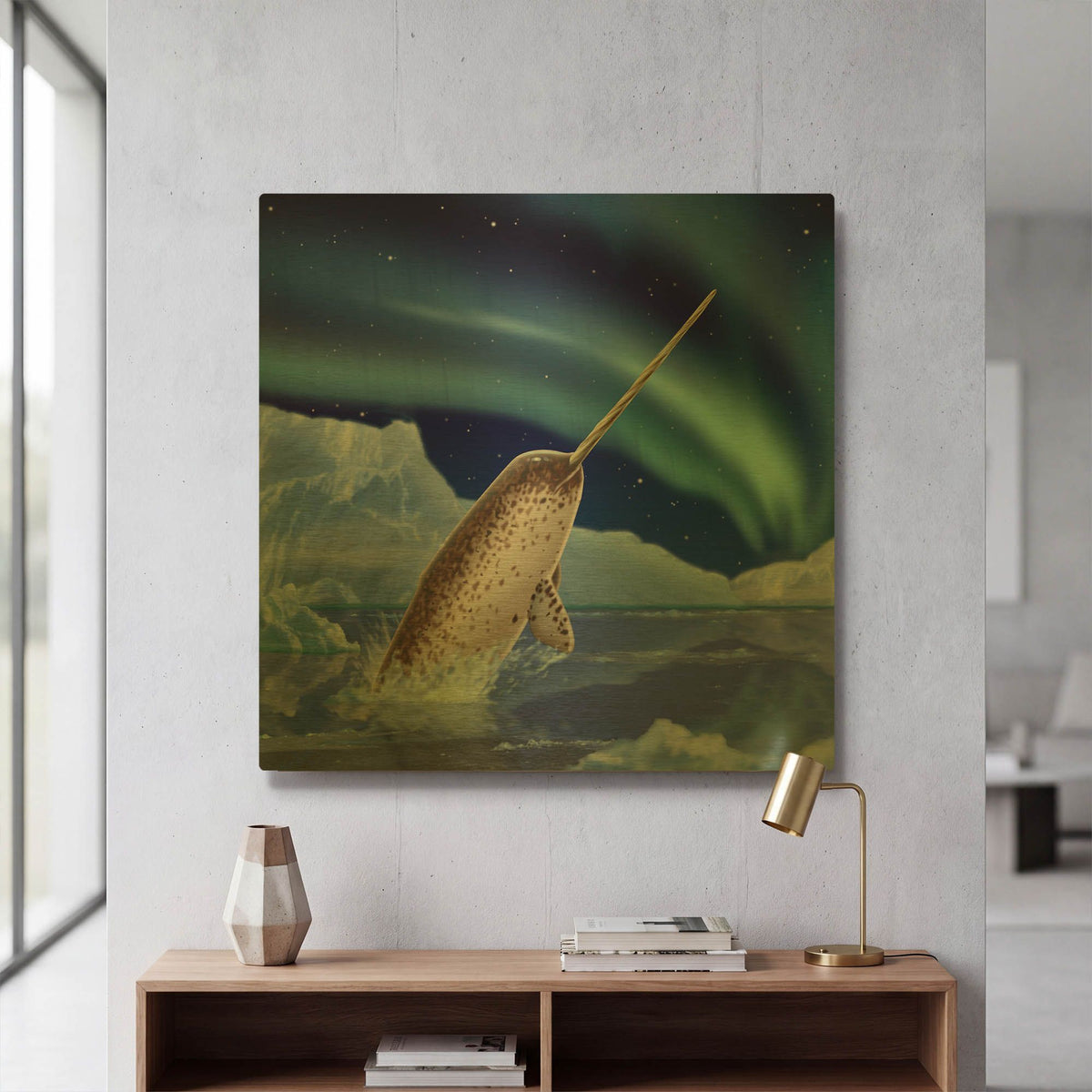 'Narwhal and Northern Lights' By Chris Dobrowolski Gold Metal Wall Art