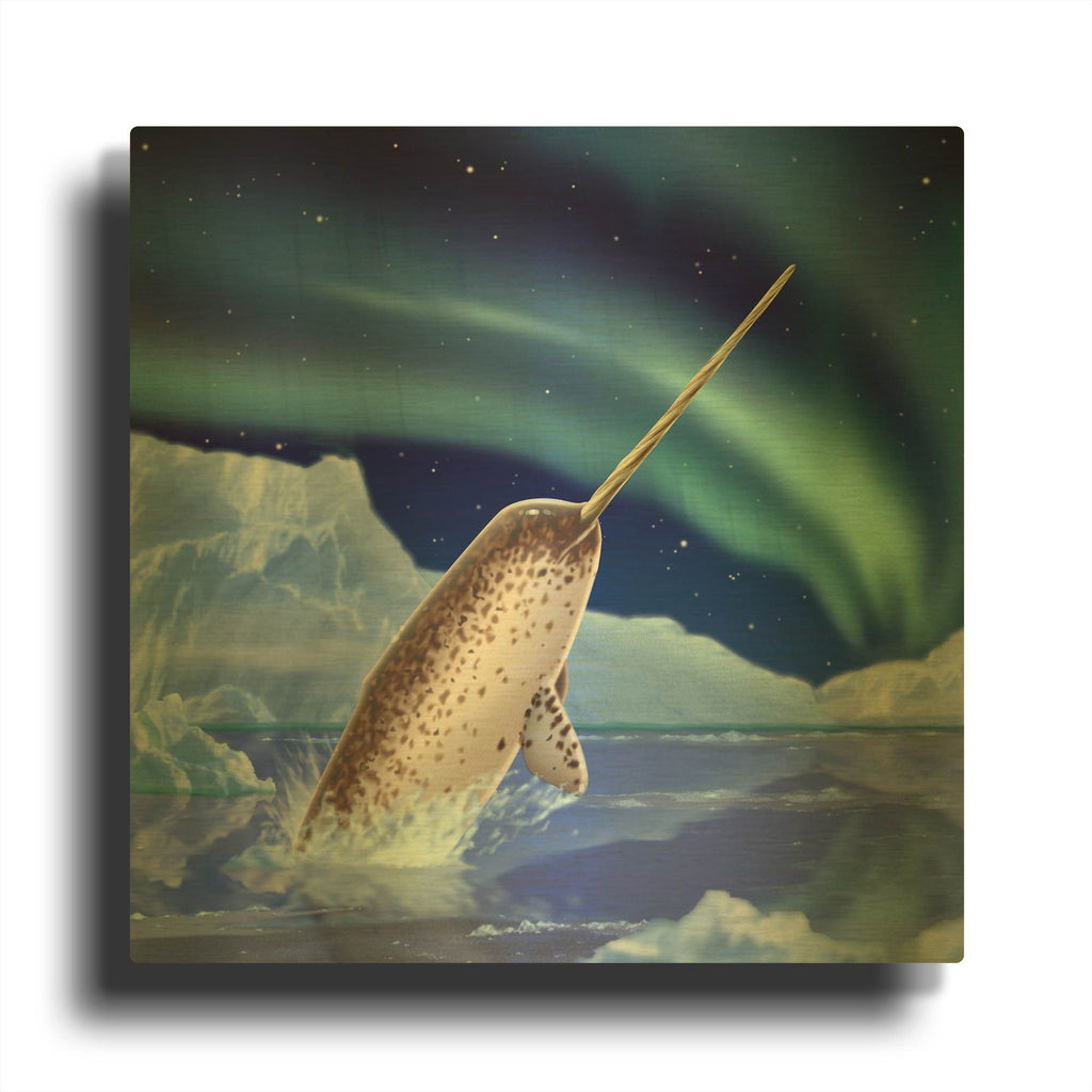 'Narwhal and Northern Lights' By Chris Dobrowolski Gold Metal Wall Art