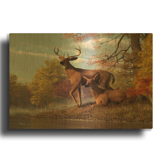 'Deer On An Autumn Lakeshore' By Daniel Eskridge Gold Metal Wall Art