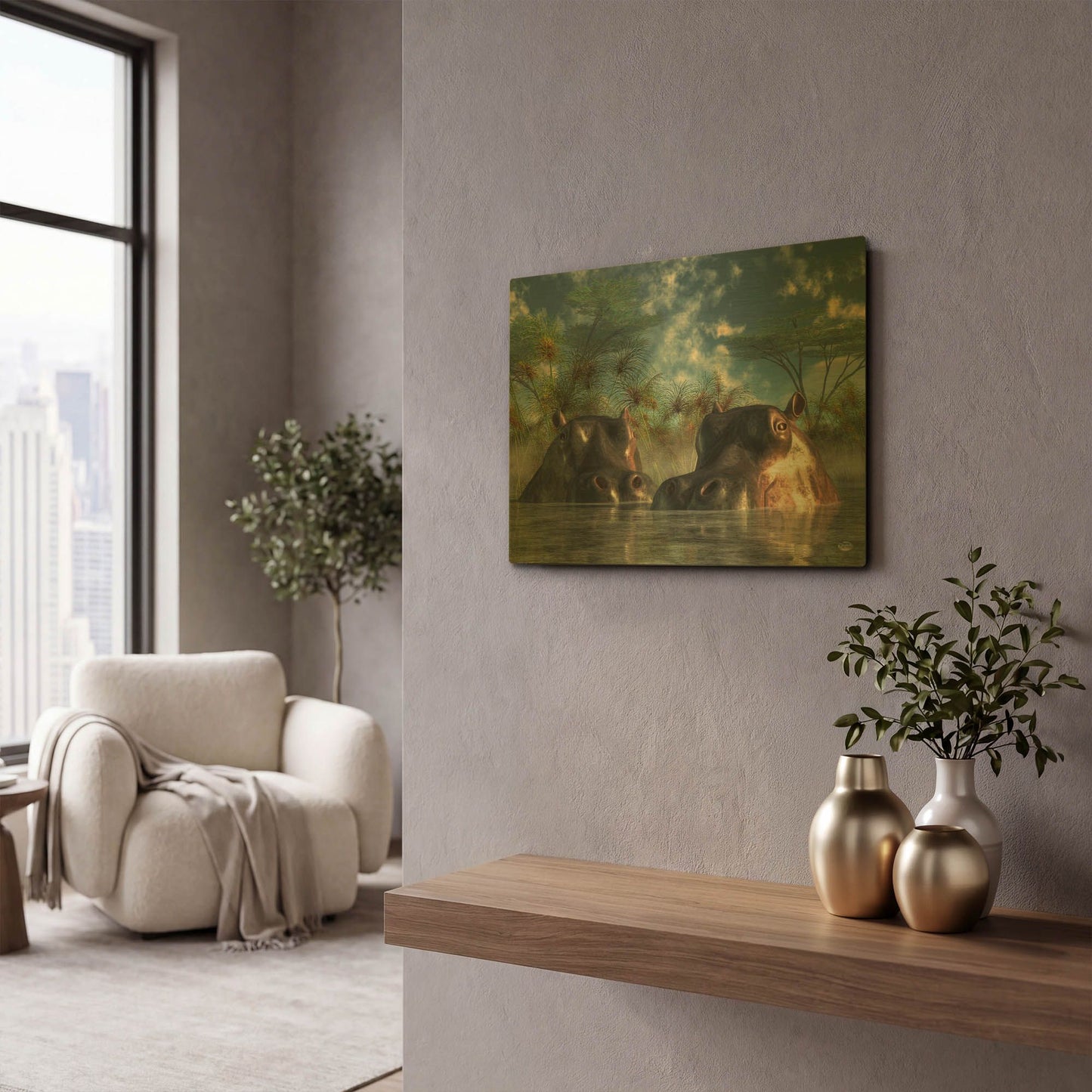'Hippos Coming To Get You' By Daniel Eskridge Gold Metal Wall Art