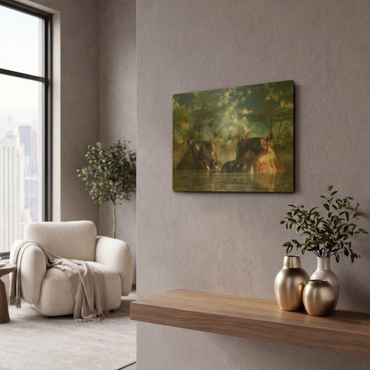 'Hippos Coming To Get You' By Daniel Eskridge Gold Metal Wall Art