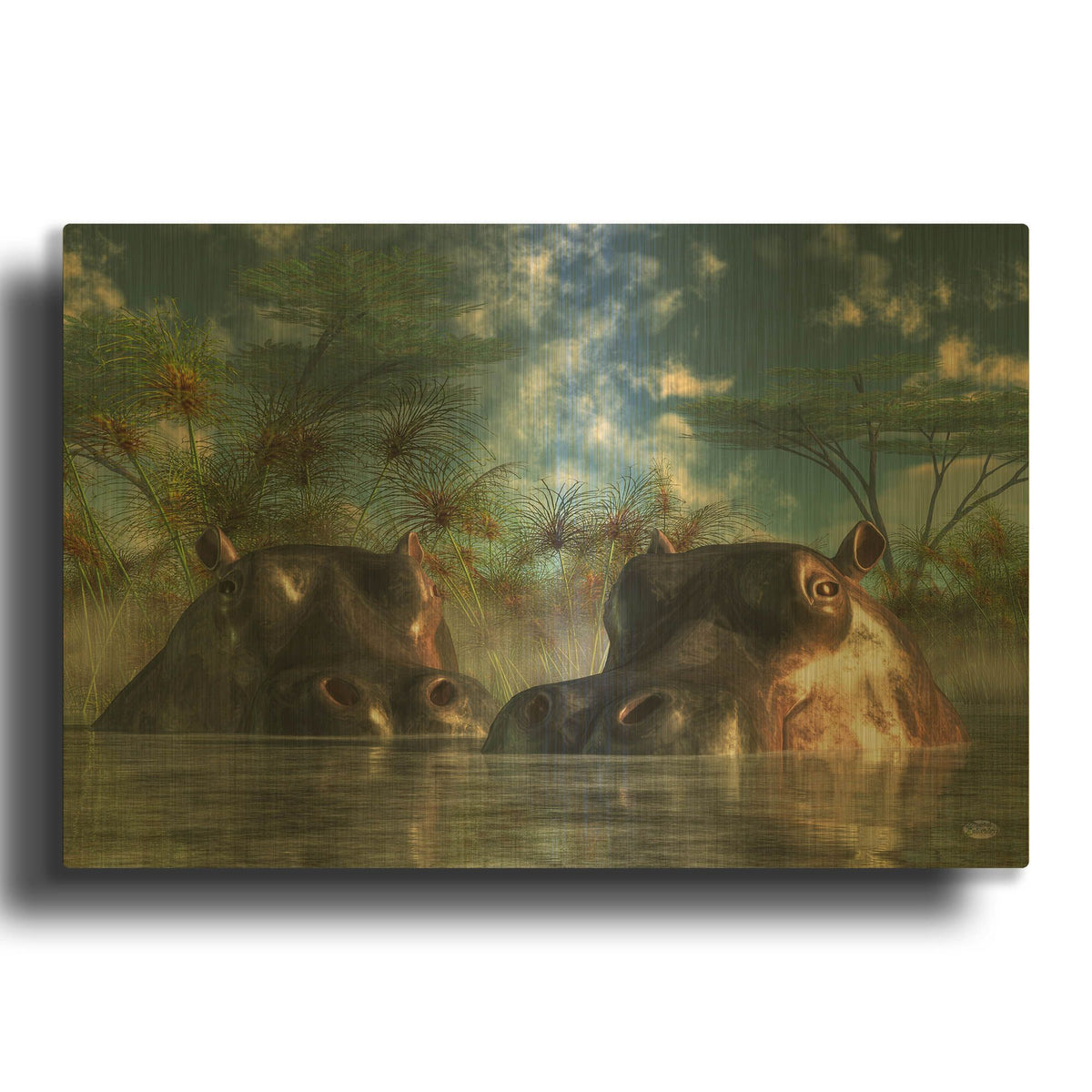 'Hippos Coming To Get You' By Daniel Eskridge Gold Metal Wall Art