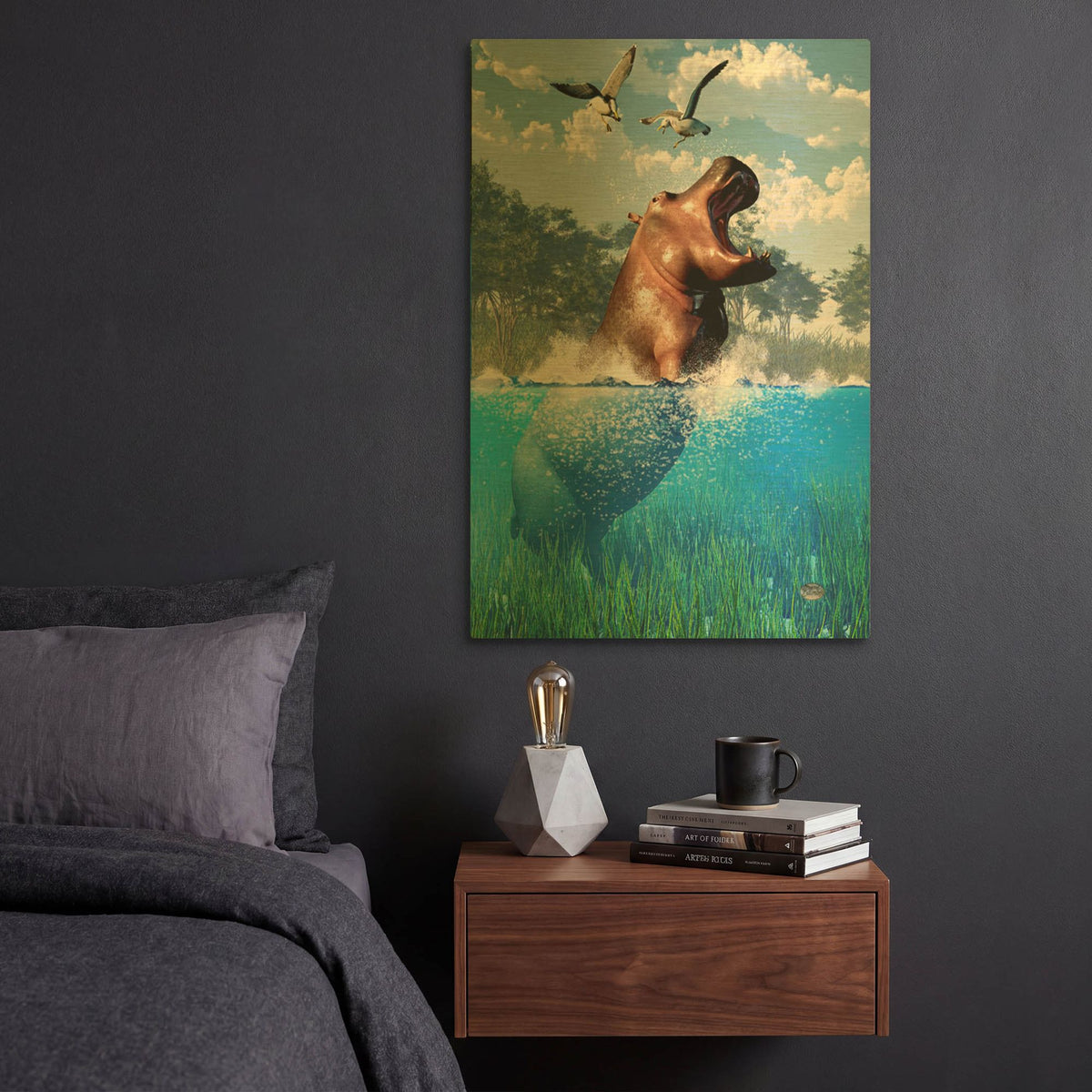 'Lunging Hippo' By Daniel Eskridge Gold Metal Wall Art