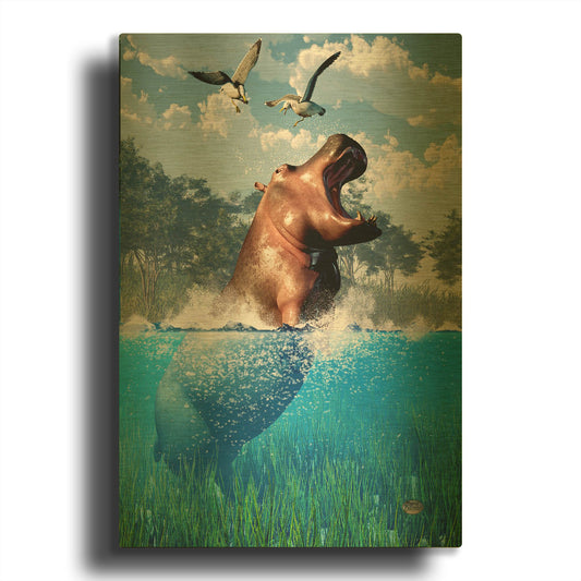 'Lunging Hippo' By Daniel Eskridge Gold Metal Wall Art