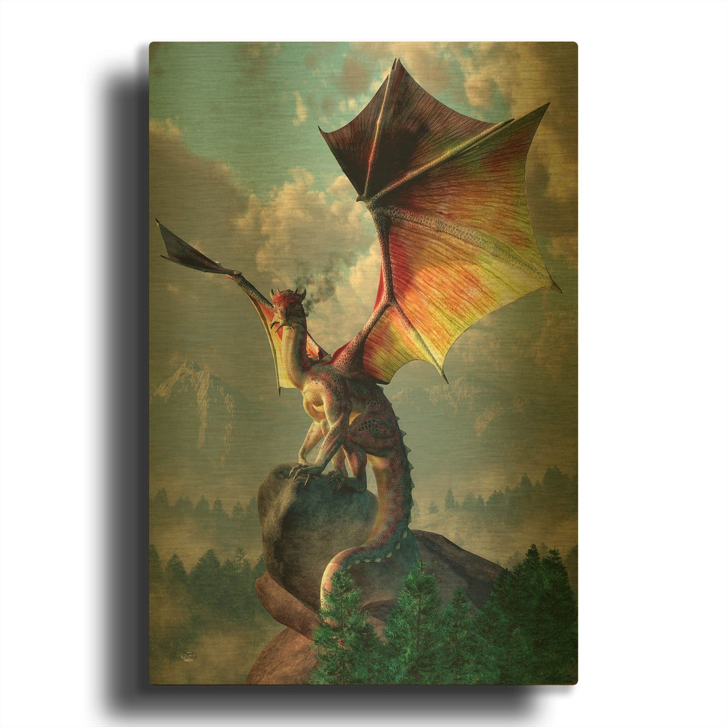 'Yellow Winged Dragon' By Daniel Eskridge Gold Metal Wall Art