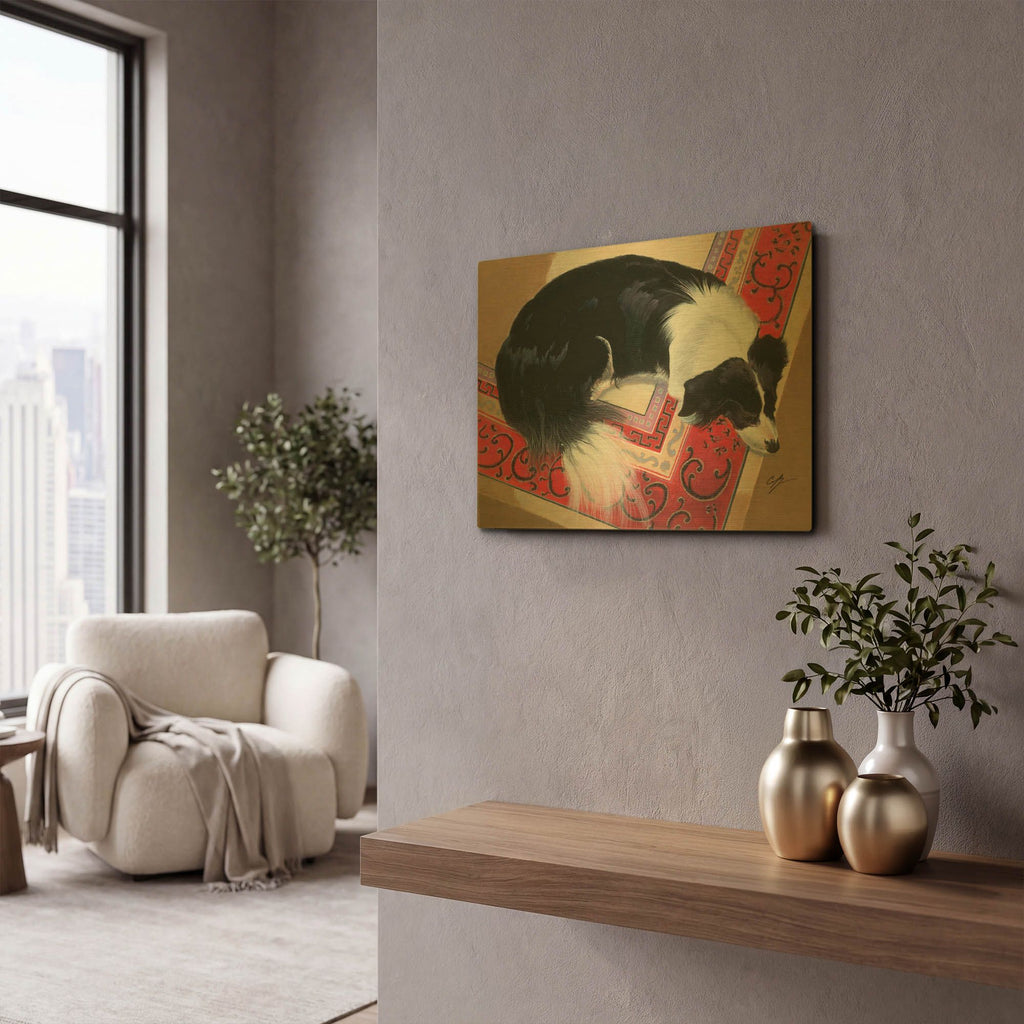 'Dog on a Rug' By Durwood Coffey Gold Metal Wall Art