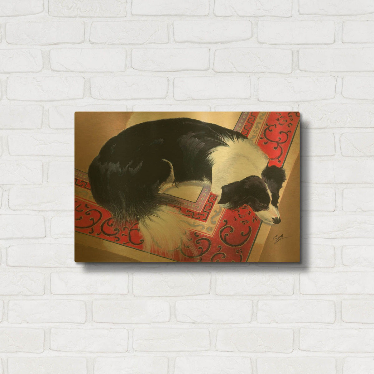 'Dog on a Rug' By Durwood Coffey Gold Metal Wall Art