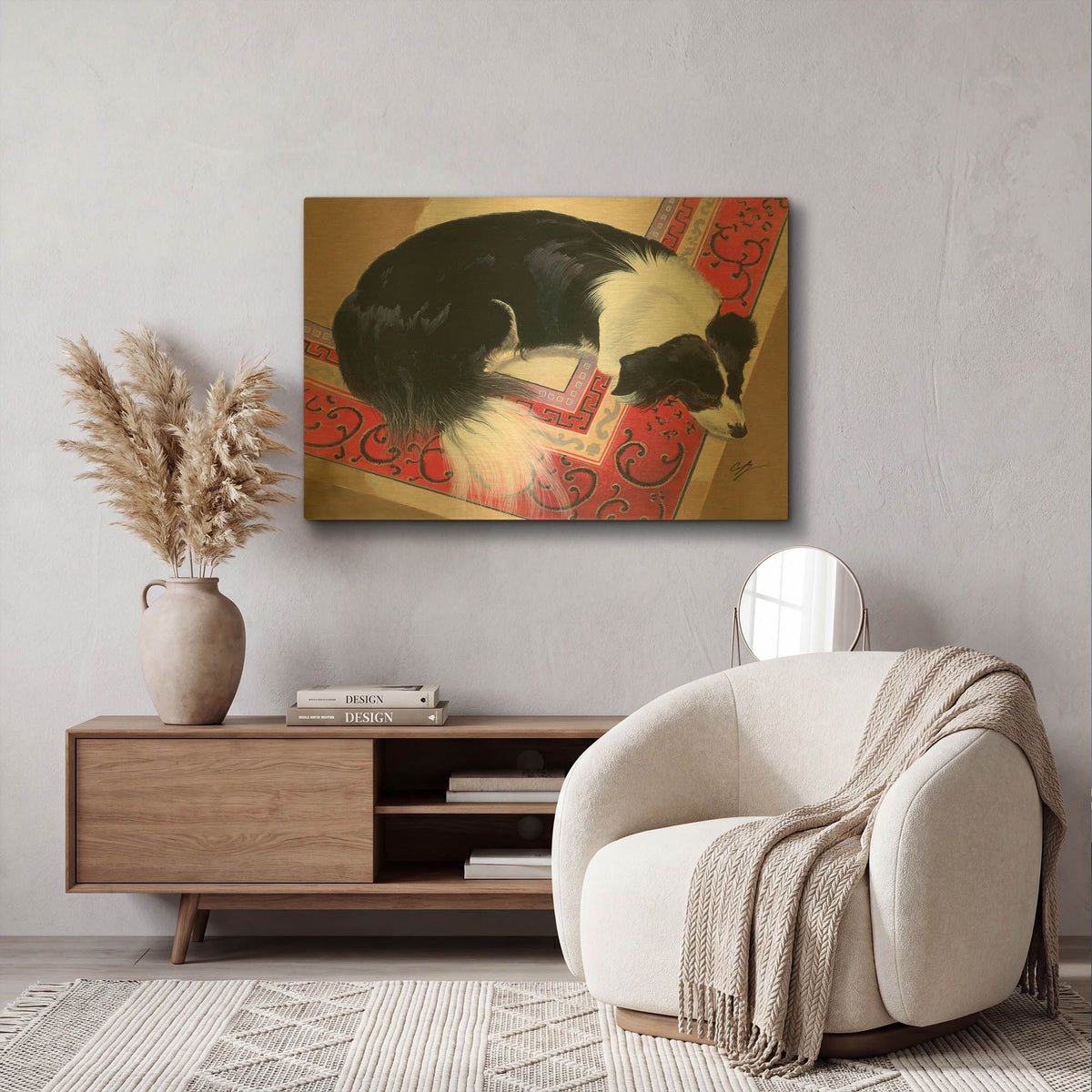 'Dog on a Rug' By Durwood Coffey Gold Metal Wall Art