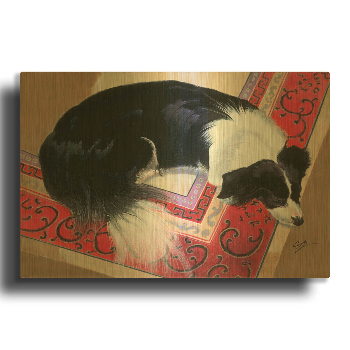 'Dog on a Rug' By Durwood Coffey Gold Metal Wall Art