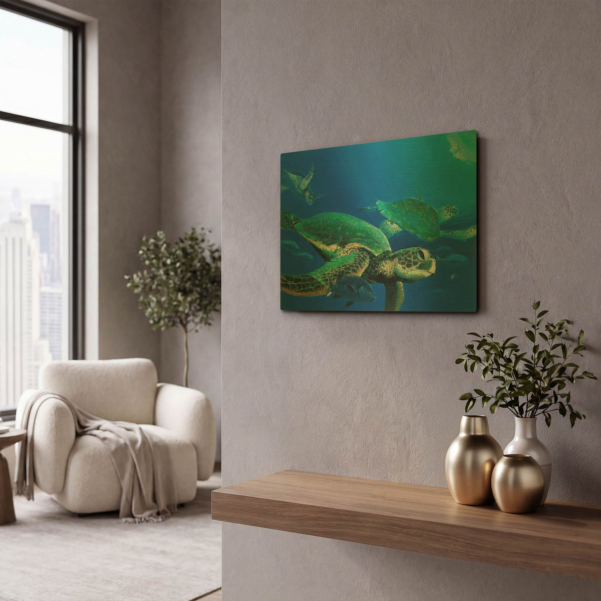'Green Sea Turtles' By Durwood Coffey Gold Metal Wall Art