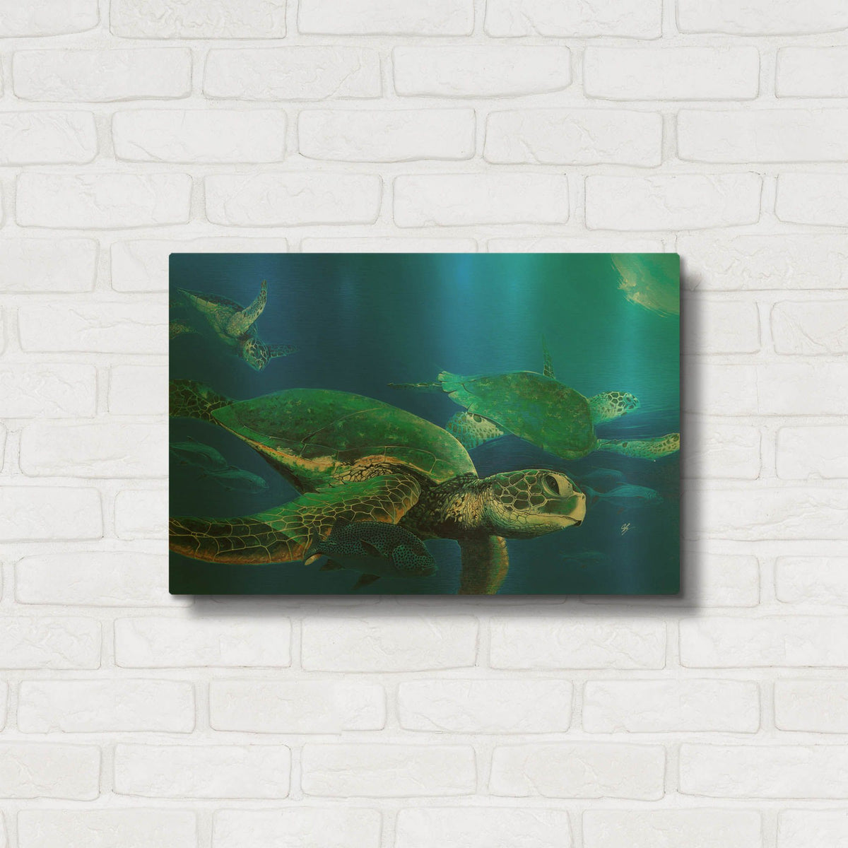 'Green Sea Turtles' By Durwood Coffey Gold Metal Wall Art