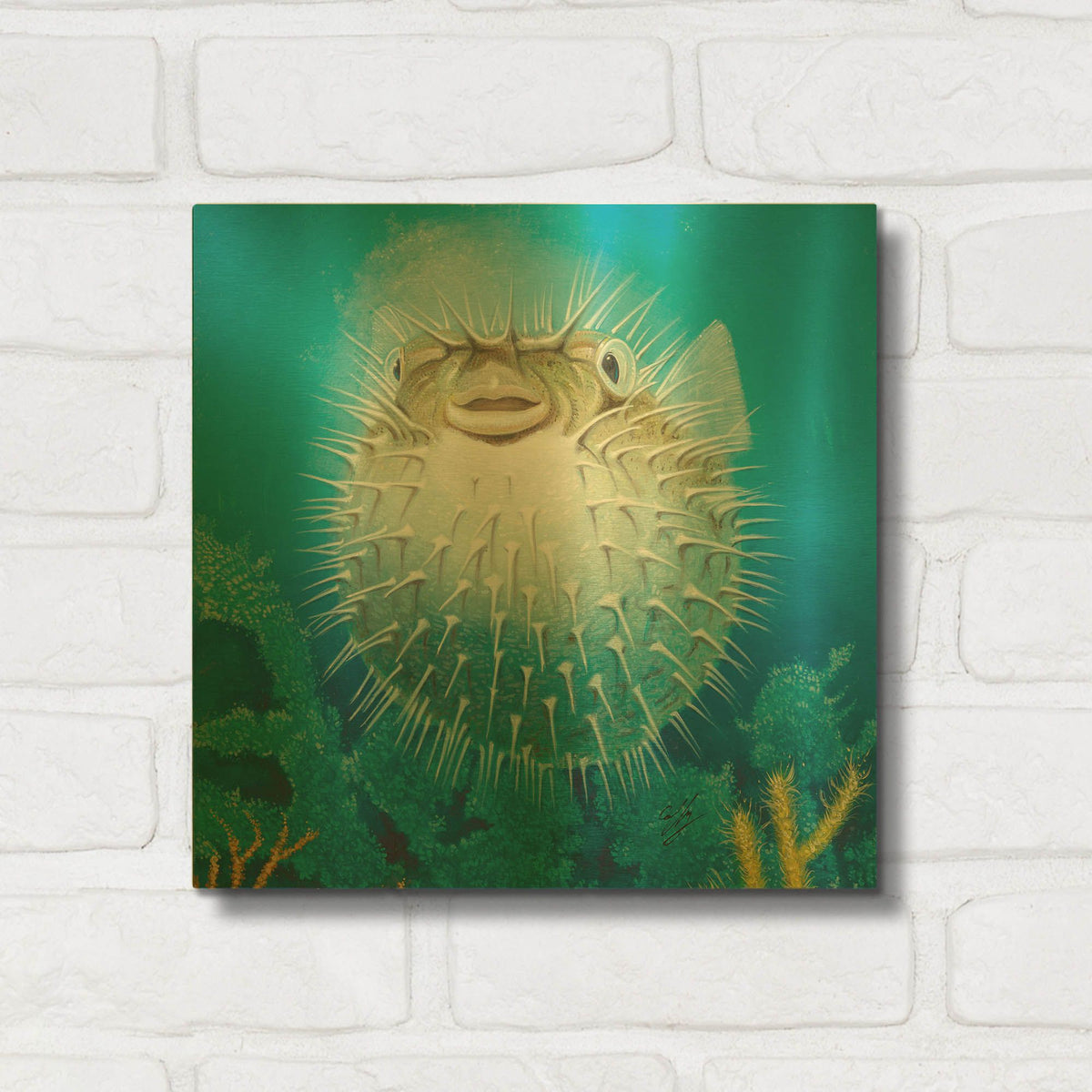 'Puffer Fish' By Durwood Coffey Gold Metal Wall Art