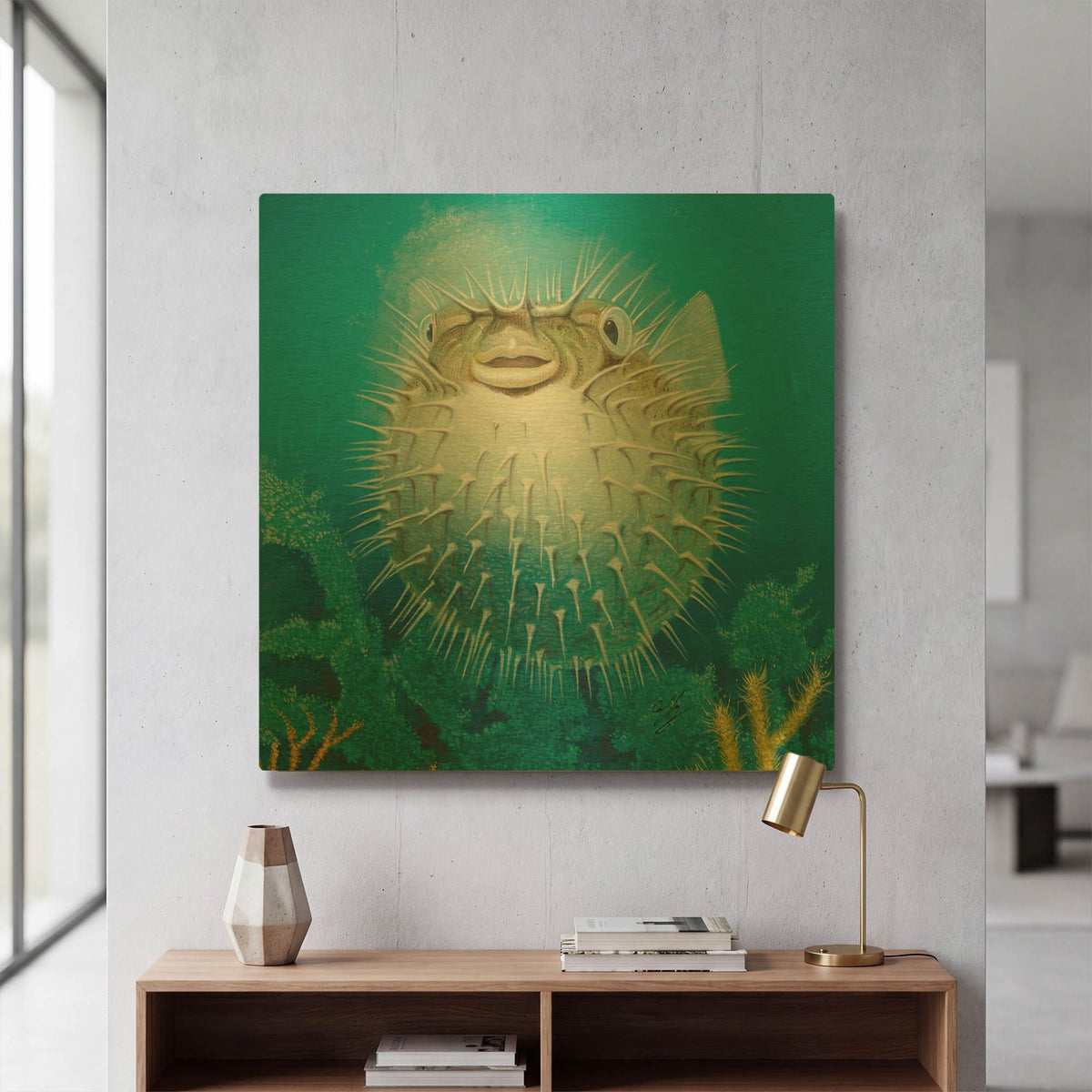 'Puffer Fish' By Durwood Coffey Gold Metal Wall Art