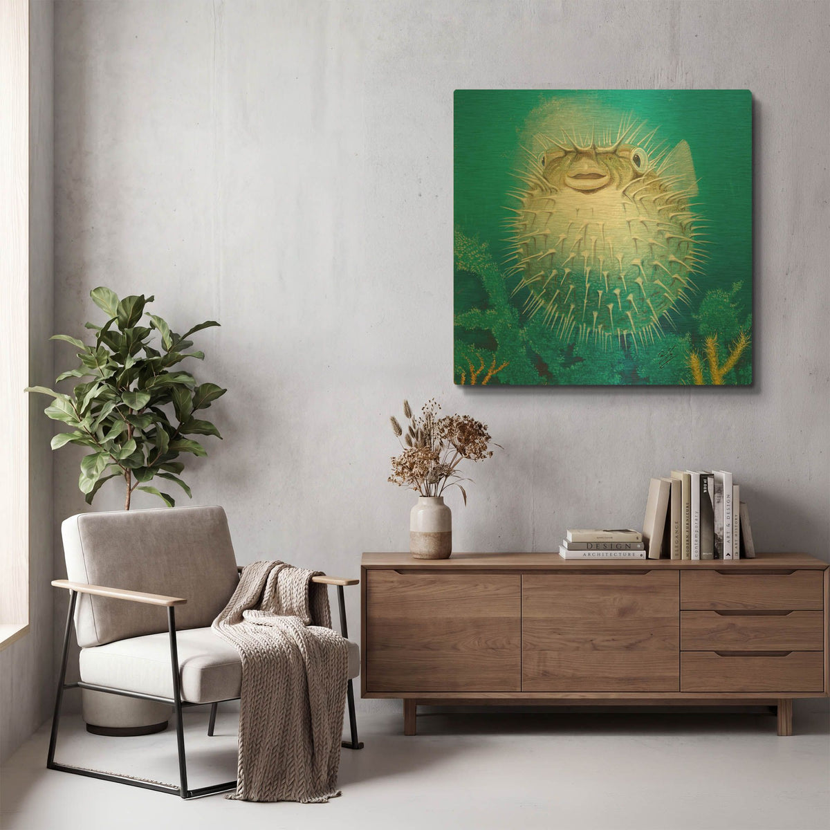 'Puffer Fish' By Durwood Coffey Gold Metal Wall Art