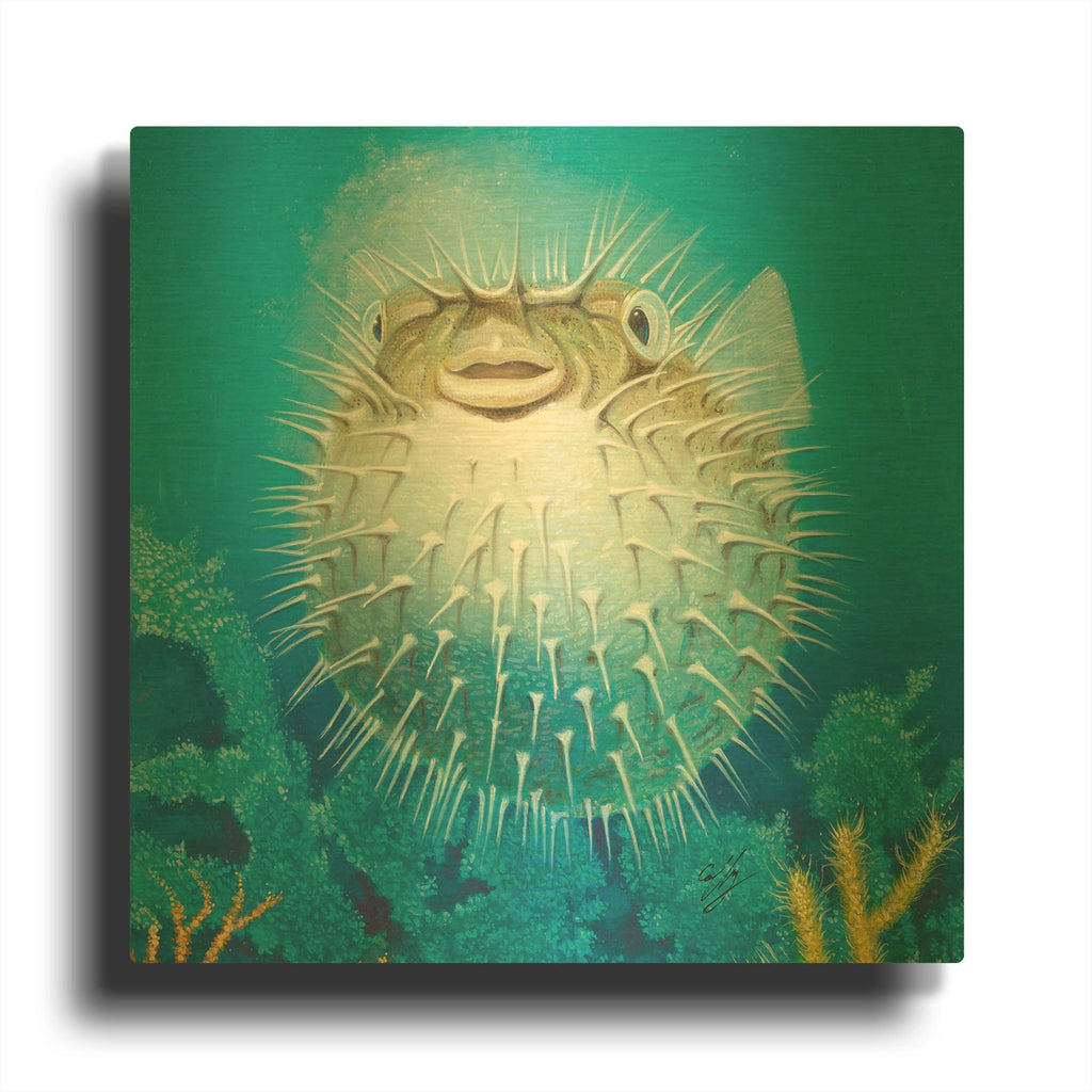 'Puffer Fish' By Durwood Coffey Gold Metal Wall Art