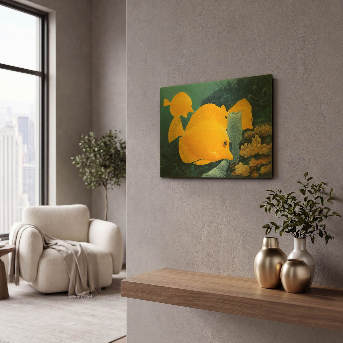 'Yellow Tangs' By Durwood Coffey Gold Metal Wall Art