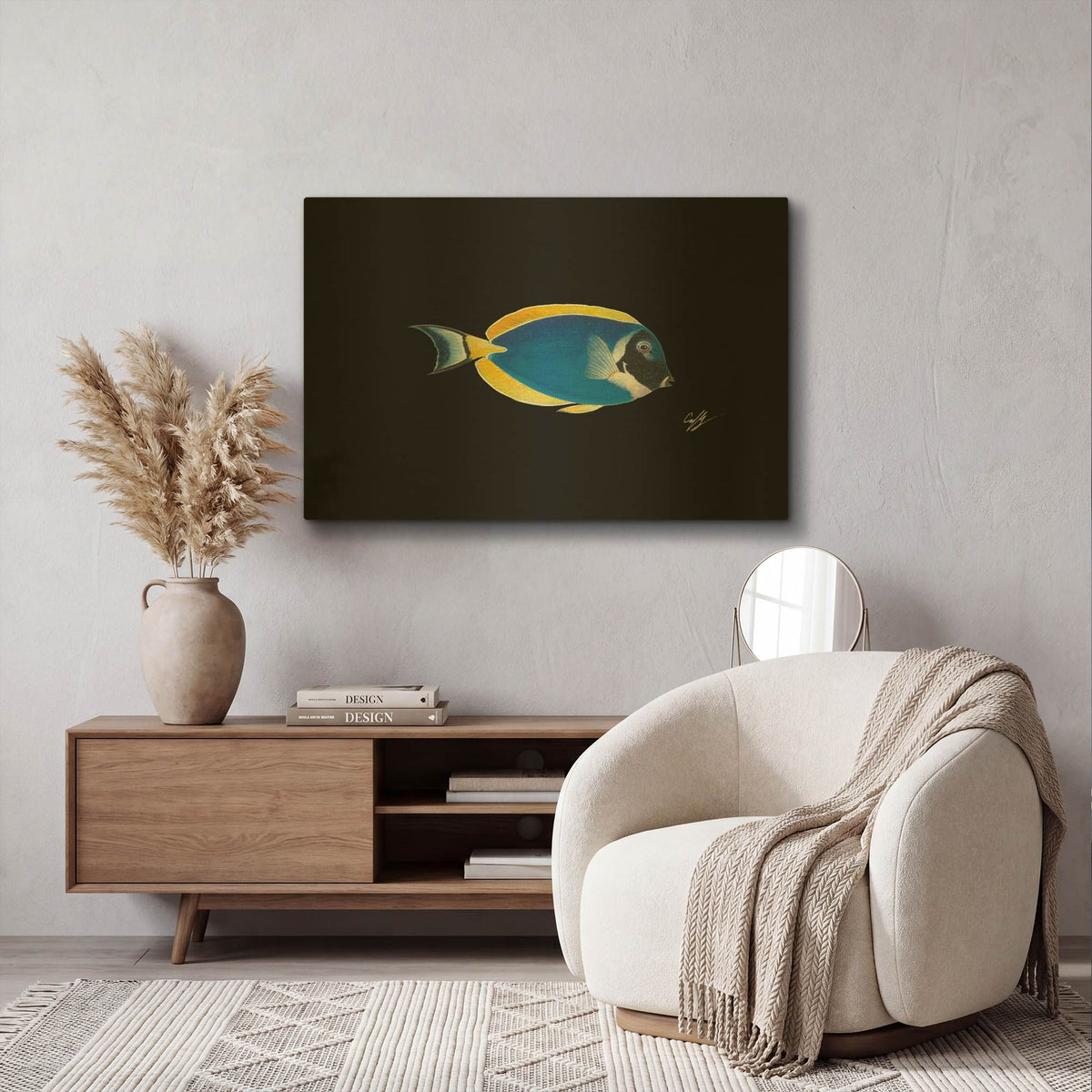 'Powder Blue Tang on Black' By Durwood Coffey Gold Metal Wall Art