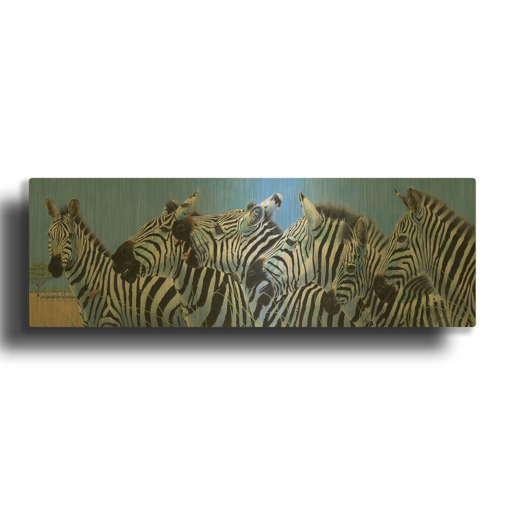 'Serengeti Serenade Zebras' By Durwood Coffey Gold Metal Wall Art