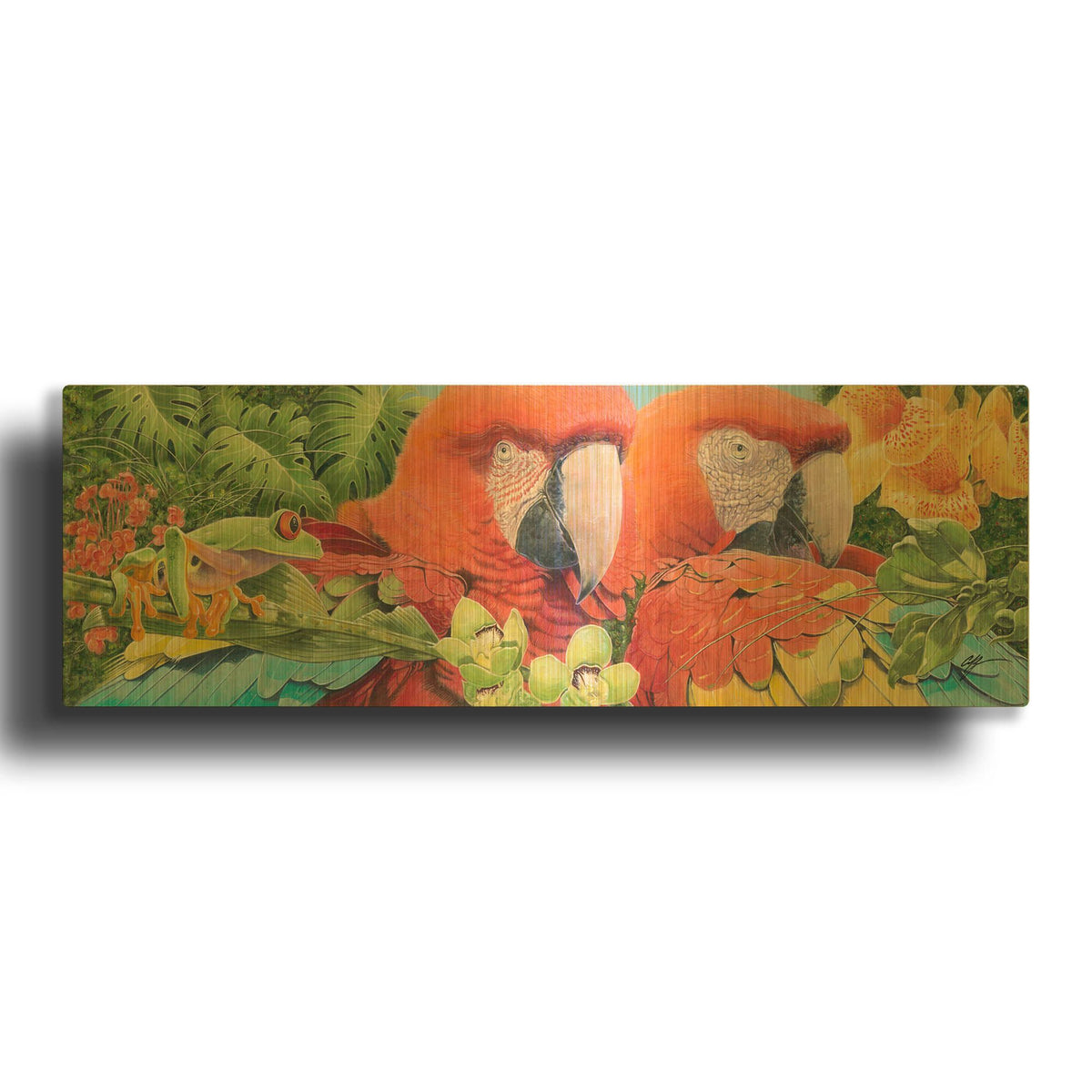 'Scarlet Macaws' By Durwood Coffey Gold Metal Wall Art